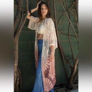 352. Ombre floral lace sheer kimono in pink